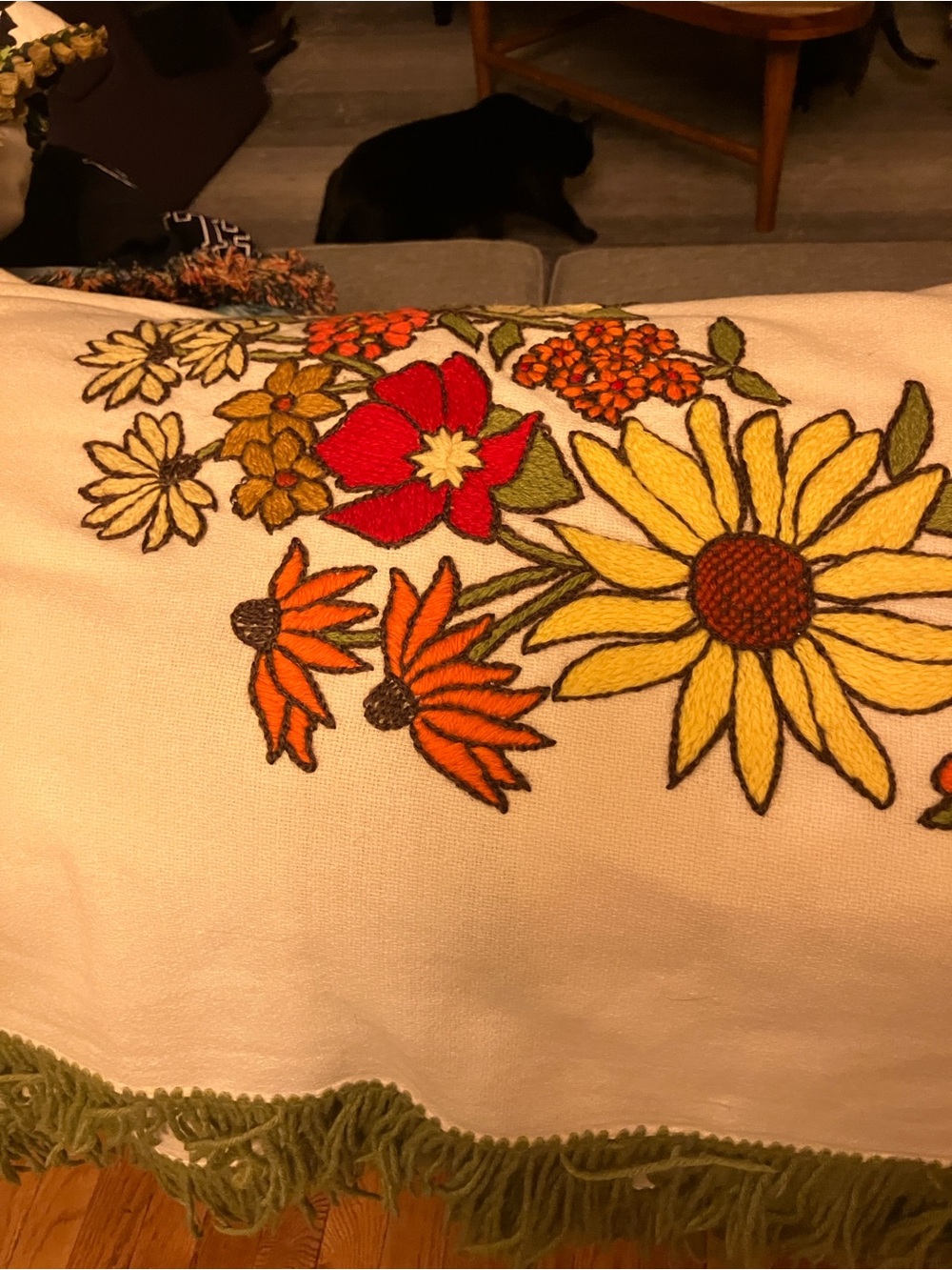 Crewel Embroidery Vintage Tablecloth